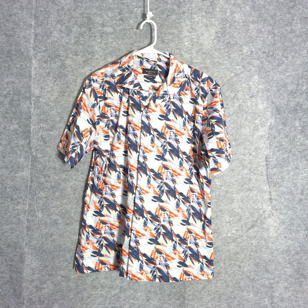 Bugatchi Shirt Mens L Blue Orange Tropical Leaf Shaped Fit Comfort Stretch Camp